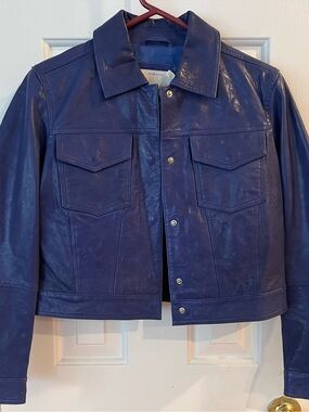 Women’s Blue Italian Leather Trucker Jacket - Classic Collar